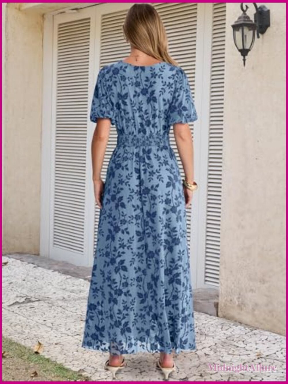 Women Floral Maxi Formal Dress Mesh Short Sleeve V Neck Empire Waist - Picture 5 of 7